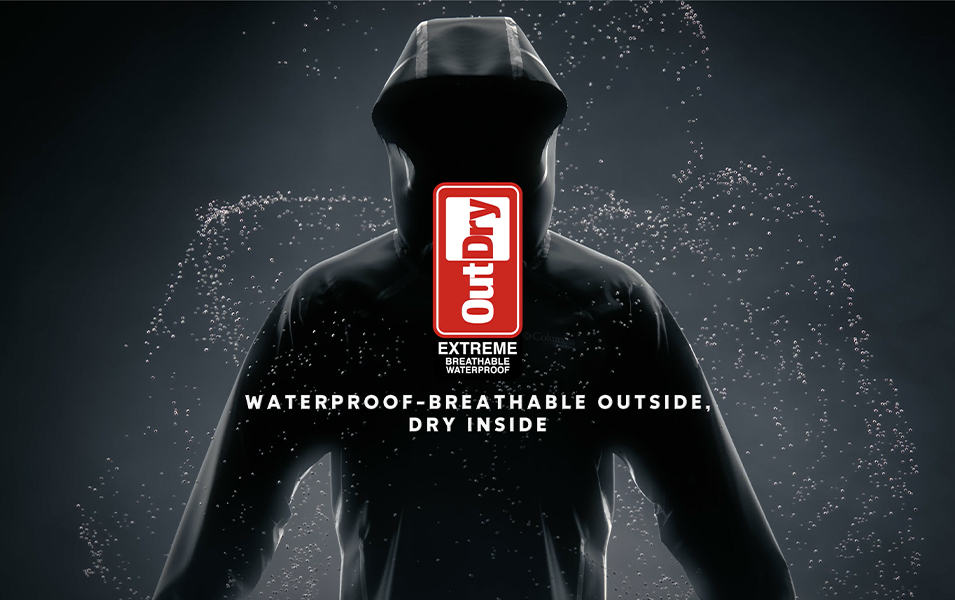 Video for the OutDry Extreme. Black jacket on a dark background with technology logo. 