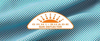 Omni Shade Sun Deflector logo over fabric pattern. 