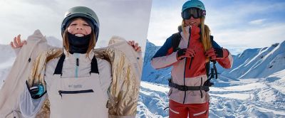 On the left, a skier in a pair of white Columbia Sportswear bibs opens her jacket and smiles at the camera. On the right, a skier in red ski pants adjusts her jacket on a beautiful sunny day. 