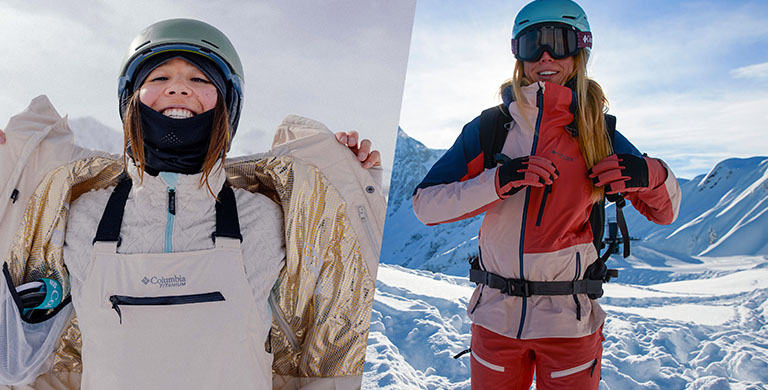 Dual images of skiers on top of a mountain showing off their jackets