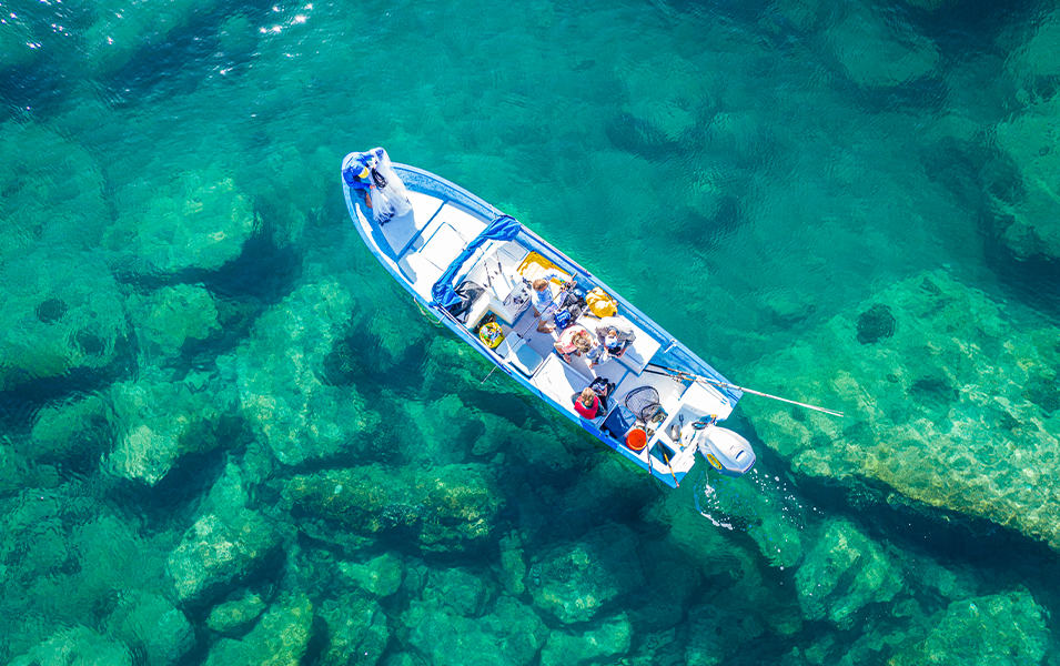 Ariel shot of a boat in the Sea of Cortez. 
