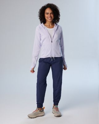 Outfit 2, a light lavender tank top with navy blue joggers and white sneakers.