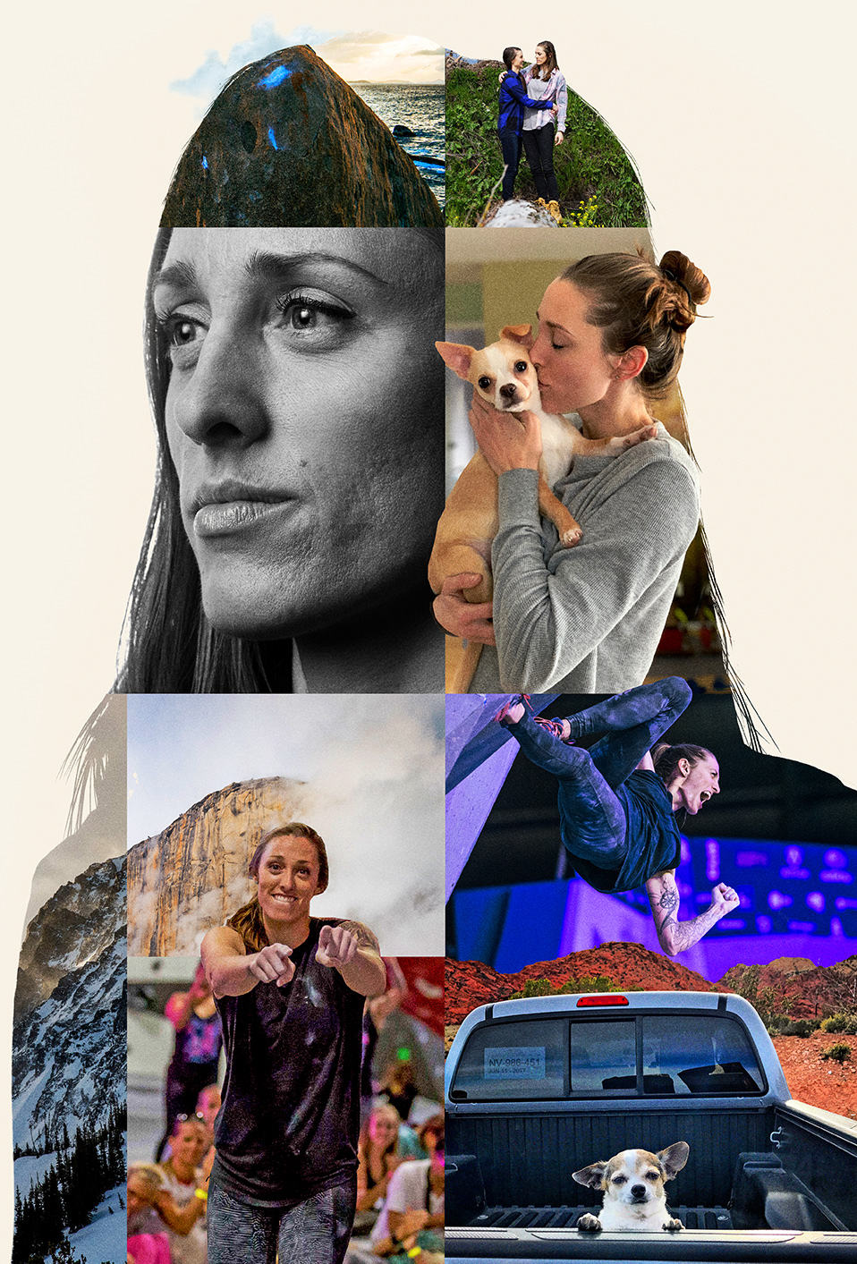 portrait of Alex Johnson with compilation of images of Alex climbing, Alex and her dog and Alex and her girlfriend.