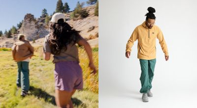 Two campers run through a field, next to an image of a Men's Camp Kit.