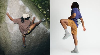 Two images side by side of someone bouldering on a rock wall, the other a model in the Men’s Crater Lake™ 
Short Sleeve and Men’s Rockrydge™ Short.