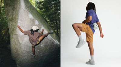 Two images side by side of someone bouldering on a rock wall, the other a model in the Men’s Crater Lake™ 
Short Sleeve and Men’s Rockrydge™ Short.