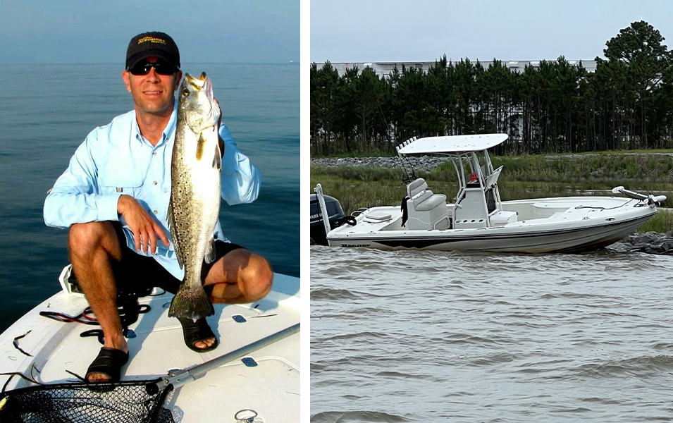 Two side by side photos with Kevin Olmstead on the right holding a fish and his fishing boat on the left washed up on the rocks. 