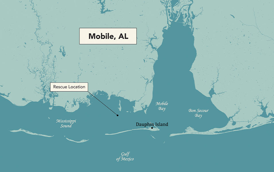 A map showing the area around Dauphin Island where Kevin Olmstead was thrown overboard. 