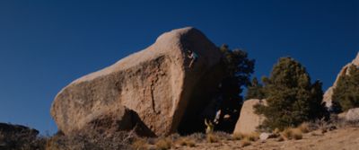Still frame from the film: bouldering in the desert.