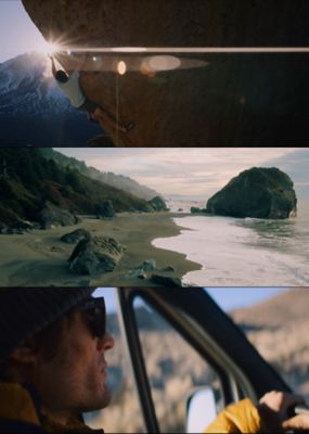 Three stills from the film, stacked on eachother: (1) Ethan Pringle climbing (2) a beach landscape (3) Ethan driving.