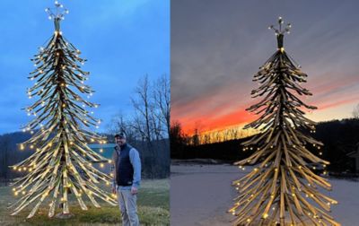 On the left, Ryan Maclay stands next to a decorative tree he made out of upcycled skis. At right, a tall tree he made from ski poles stands in a snowy field at night, glowing with lights against a beautiful sunset. 