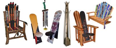 A collage featuring tables, chairs, and other pieces of art made from old ski gear.  
