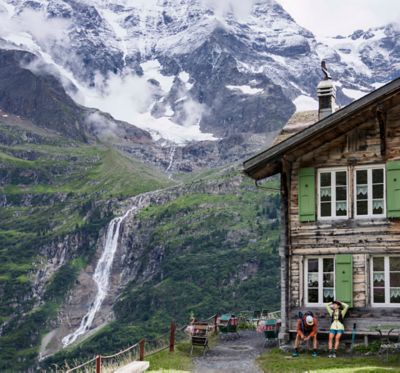 Waterfall views, taking a break at a high alpine farm.