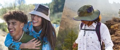 One the left, a girl in a bucket hat smiles as she embraces a friend. On the right, a woman in a booney hat stands in a beautiful canyon looking down. 