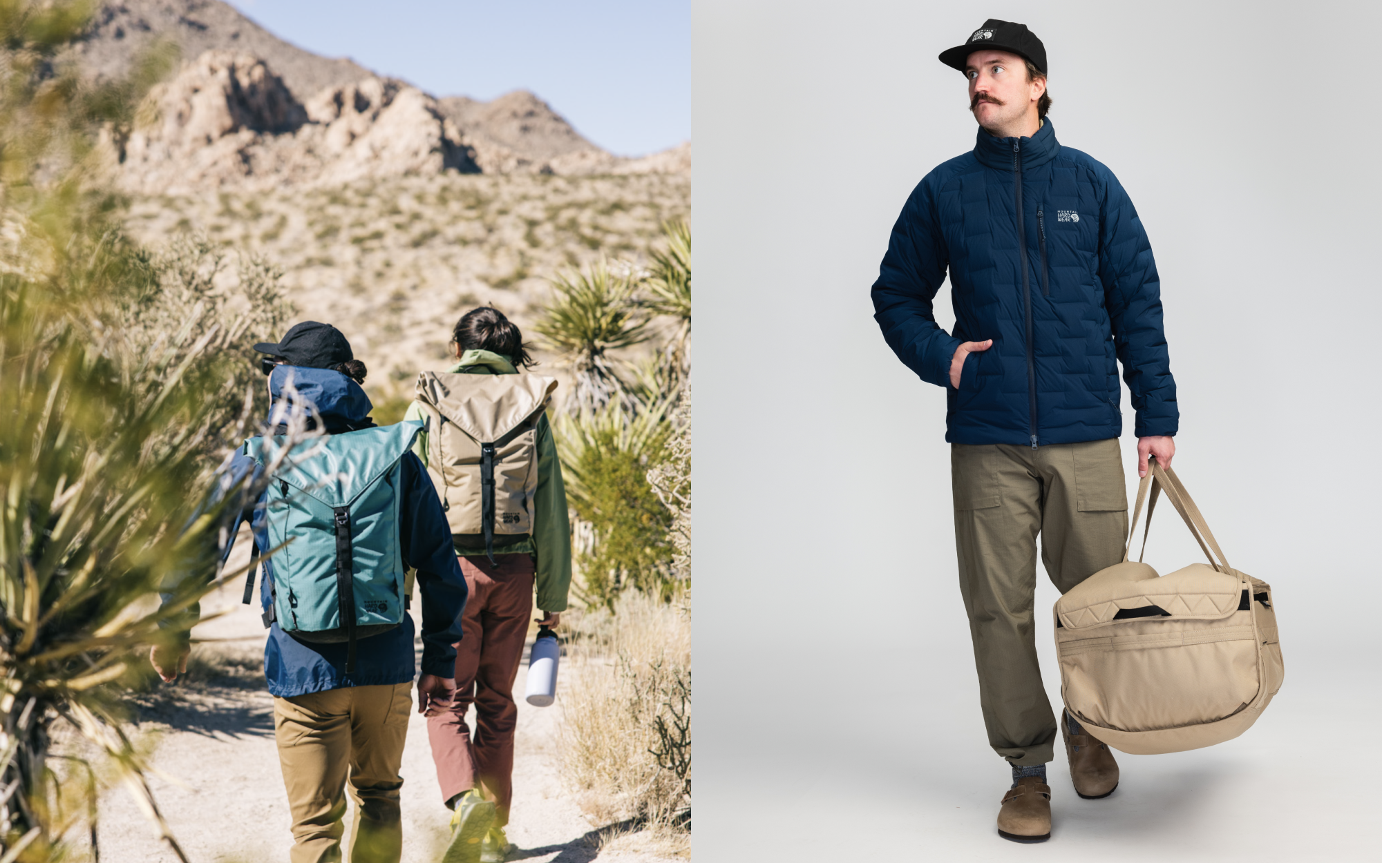 Two images side by side, the first has two hikers on a trail in the desert. The second image is a studio shot of a camp downtime kit.