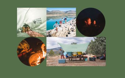 Several images of camp discovery and downtime activities: setting up camp, hiking nearby, sitting by the fire, and sitting around the campsite table.