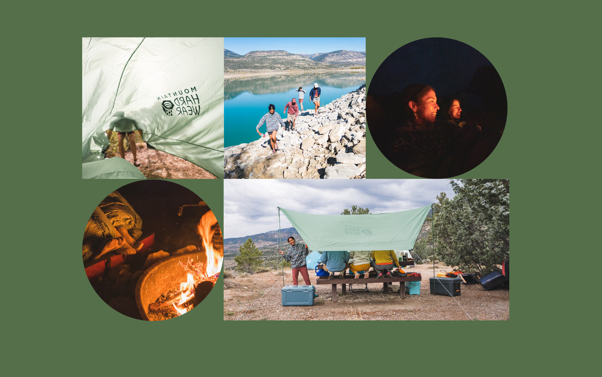 Several images of camp discovery and downtime activities: setting up camp, hiking nearby, sitting by the fire, and sitting around the campsite table.