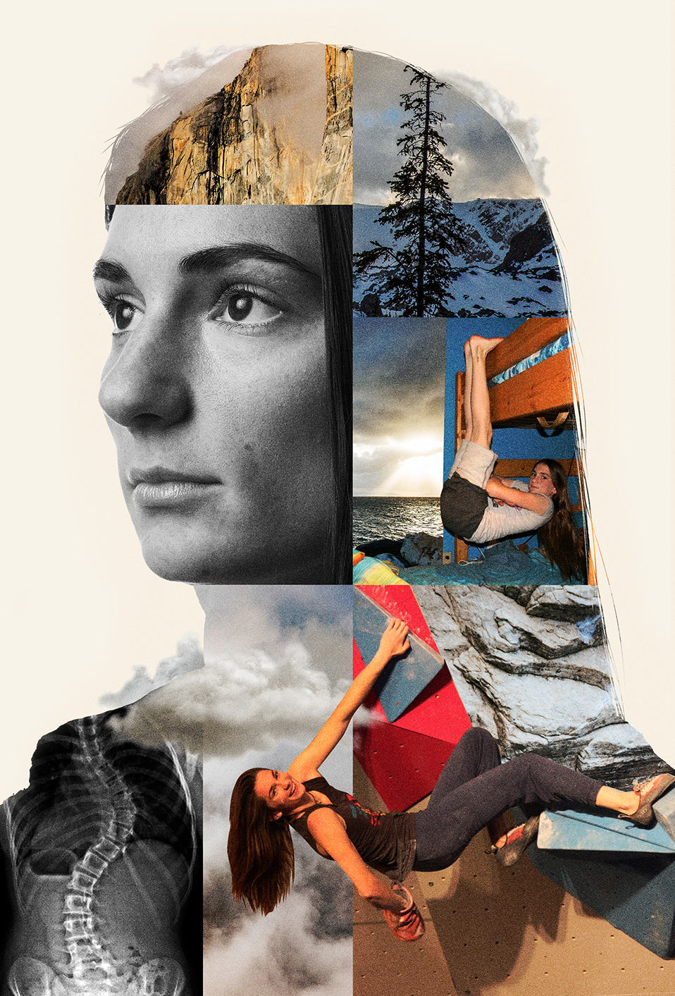 portrait of Kyra Condie with a compilation of images of Kyra climbing, Kyra hanging from a bunk bed as a child, an x-ray of her scoliosis and trees, clouds and mountain landscape. 