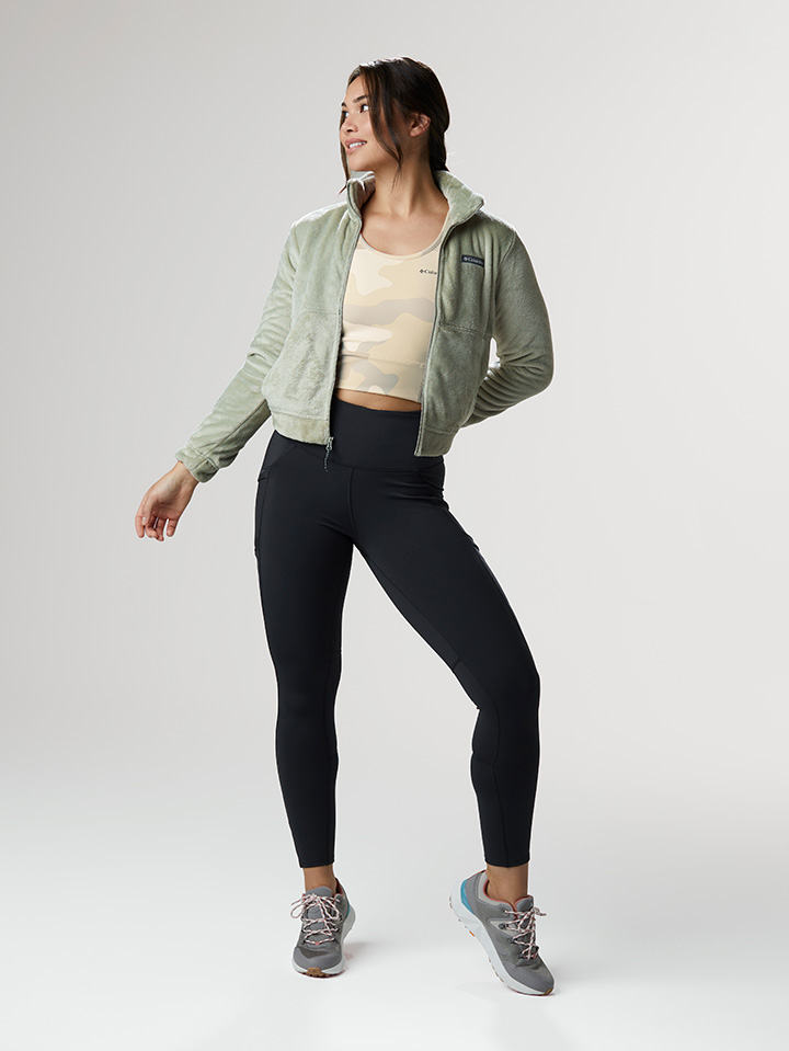 Trail Remix outfit: cropped activewear tank, fuzzy fleece cropped jacket, active leggings with pockets, and sneakers.