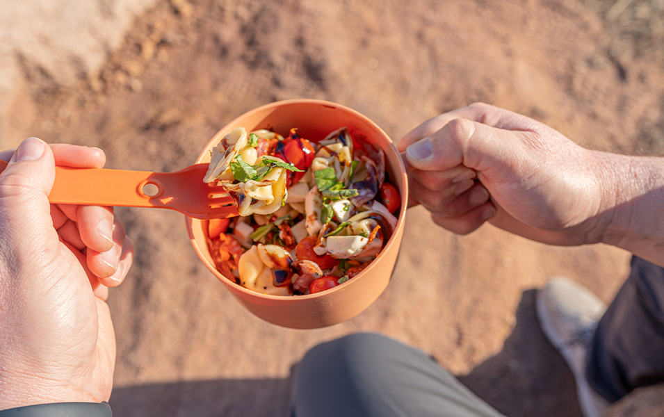 A plastic camping fork digs into a bowl of pasta salad.
