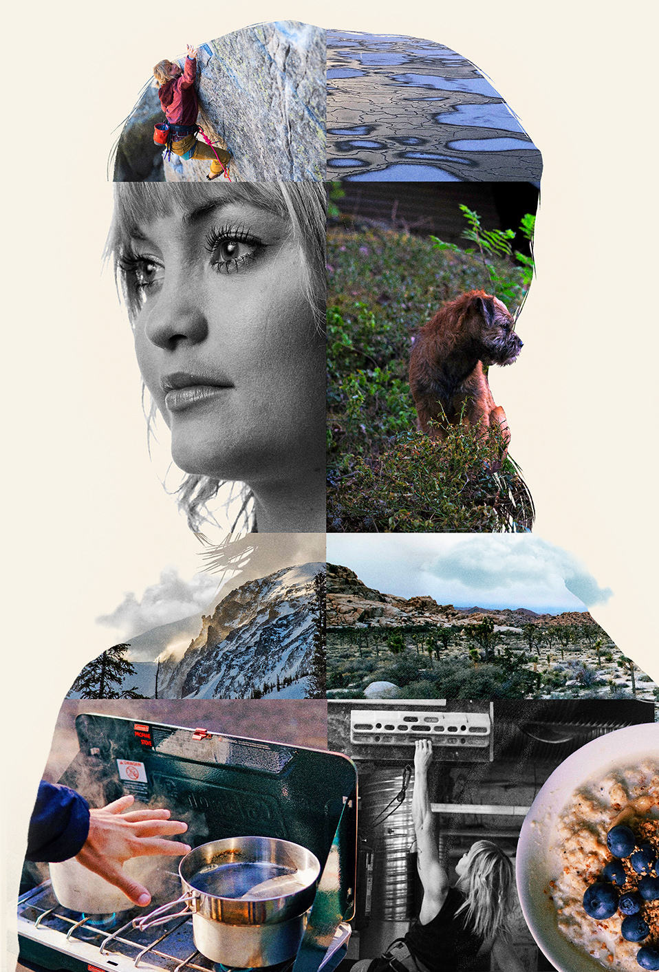 portrait of Anna Laitinen with a compilation of images of Anna climbing, water, her dog, cooking over a camp stove, oatmeal topped with blueberries and cinnamon and mountain and desert landscapes.