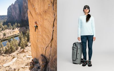 Two images side by side, the first is Kyra Condie climbing up a rock face in Bend, Oregon. The second image is a studio shot of a climb kit.