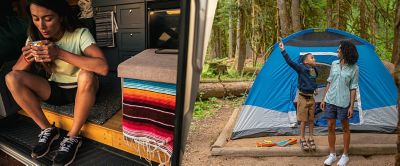 On the left, a woman sits in the back of her camper van. On the right, a mother and child stand outside their tent in the middle of the forest. 