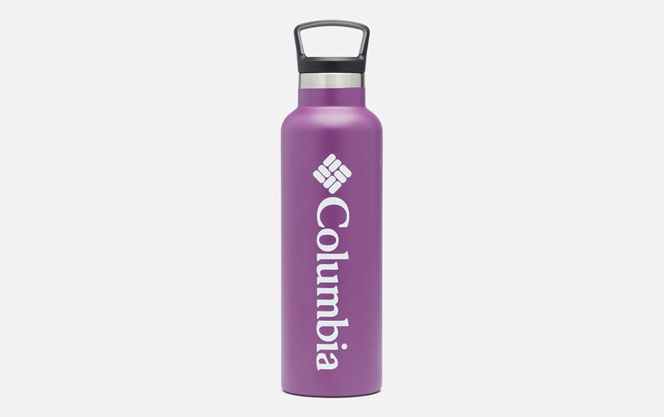 A product image of a purple Columbia Sportswear double-wall vacuum water bottle with a white background. 
