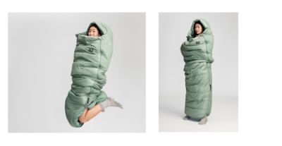 Model wearing the Yawn Patrol sleeping bag.