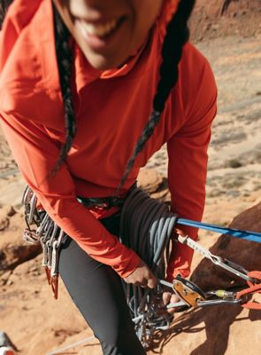 All smiles at the top of the climb in the Utah desert, close up of nose down, half face not shown