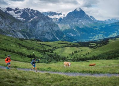 Trail running in Swiss Alps.