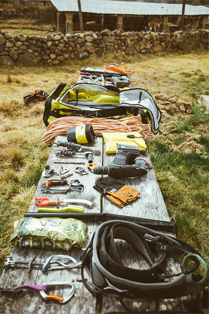 A table view of all the climbing and route setting gear on the trip