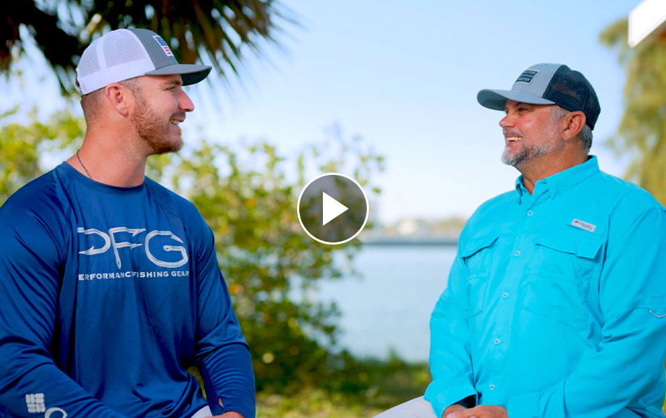 A screenshot of a Columbia Sportswear video featuring MLB player Pete Alonso and Captains for Clean Water co-founder Chris Wittman. 