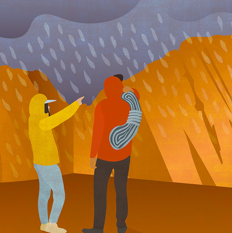 illustration of rock climbers in the red desert inspecting the rock from afar, determining it isn't safe to climb as showers pass