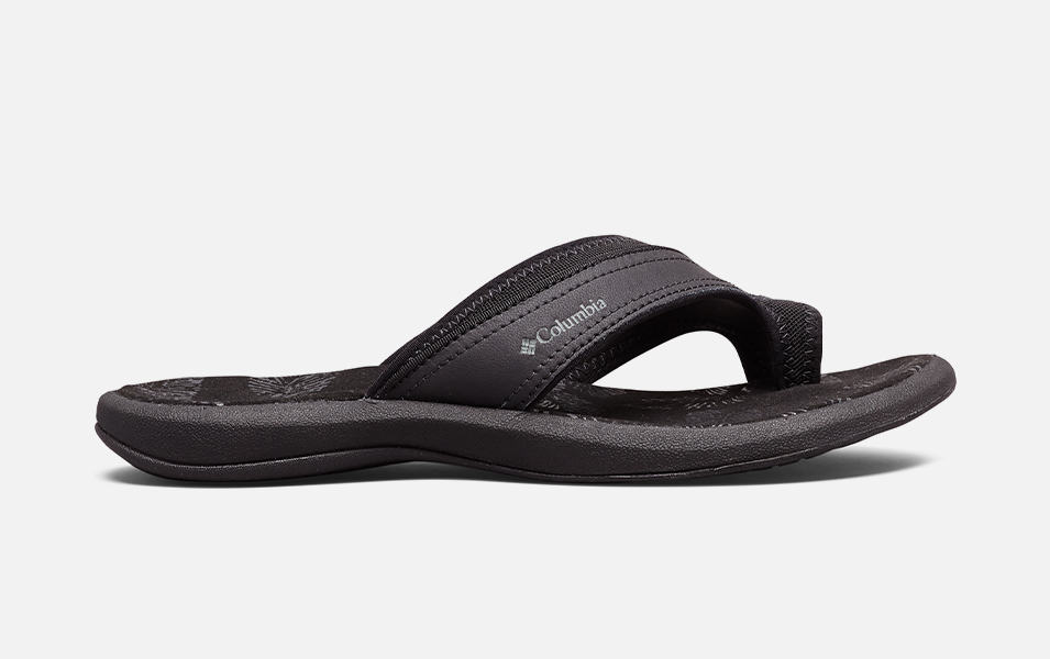 A product shot of a black Columbia SportswearKea II sandal with a gray background.