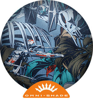 Close-up of Cantina Super Tamiami print featuring an X-wing starfighter. Omni-Shade logo. 