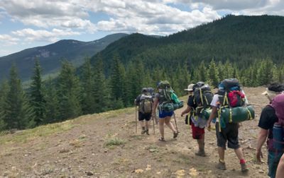 Group of hikers walking through a forest. 