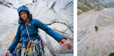 Side-by-side images of climbers on a granite wall. In the left image, Jen Poe wears a blue Premonition™ UL Jacket with the hood up, loaded with climbing gear, and appears mid-motion against a rock face. In the right image, climber Casey Elliot is seen from above while rappelling down the rock, secured by blue and orange ropes with rugged alpine terrain in the background.