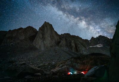 Beautiful night shot of the campsite under the stars with the Incredible Hulk in the background.