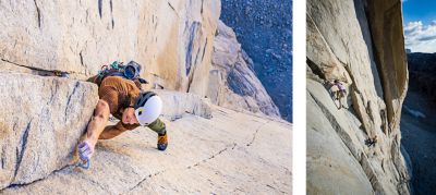 In the left image, climber Casey Elliot ascends a steep granite face in the Sierra Nevada, focused as he reaches to place protection while wearing the Crater Lake™ Short Sleeve Shirt. On the right, Jen Poe climbs higher up the same route, making her way through a dramatic overhang while wearing the Crater Lake™ Long Sleeve Shirt. Both are surrounded by rugged alpine rock formations under a bright, clear sky.