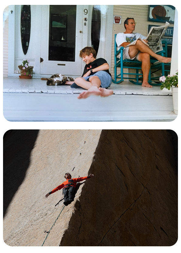 Image of Ethan and his dad growing up alongside another image of Ethan up on the wall, free as a bird, has his arms out, taking in the view while climbing