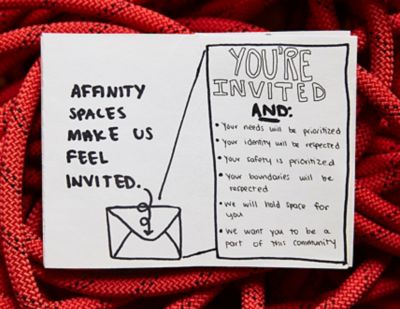 Affinity spaces make us feel invited - You're invited and: your needs will be prioritized, your identity will be repeated, your safety is prioritized, your boundaries will be respected, we will hold space for you, we want you to be a part of this community.