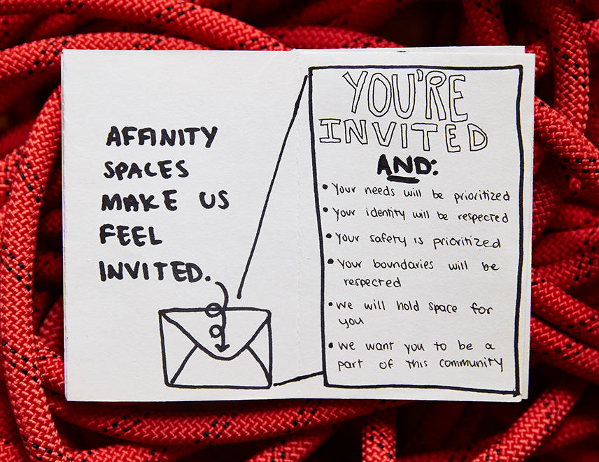 Zine created by Lou- page reads: Affinity spaces make us feel invited. You're invited and: your needs will be prioritized, your identity will be respected, your safety is prioritized, your boundaries will be respected, we will hold space for you, we want you part of this community