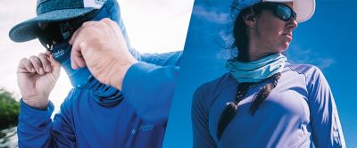 Man wearing a hat and blue neck gaiter. Woman wearing a hat and neck gaiter. 