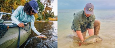 Side-by-side photos show anglers, one fresh water fishing and the other in salt water. Both men are practicing catch-and-release techniques. 