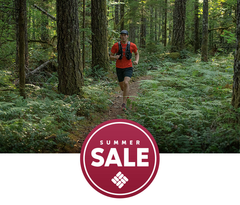 Man running in the forest. Summer Sale logo. 