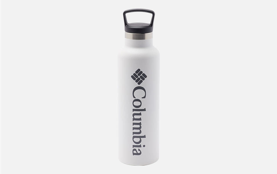 A product shot of stainless steel Columbia Sportswear water bottle set against a white background.
