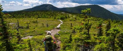 A hiker with a large backpack walks through an alpine meadow. The dirt trail transitions into a raised wooden footpath.