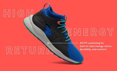 A blue and black SHFT sneaker. High Energy Return.
