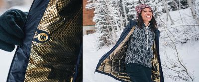 Woman wearing an Omni Heat Infiniti jacket and close up gold lining. 